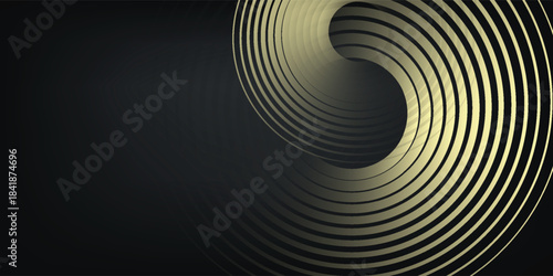 black abstract background gold glowing circles. Swirl circular lines pattern. Geometric spiral. Twirl element. Modern graphic design. Futuristic technology concept.