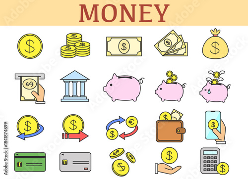 硬貨、紙幣、銀行、貯金箱、資産形成、節約、浪費、返金、送金、為替、財布、キャッシュカード、クレジットカード、電卓など、お金のイラスト（カラー）