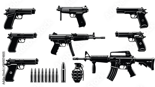 A collection of various firearms including pistols, a rifle, and other military equipment