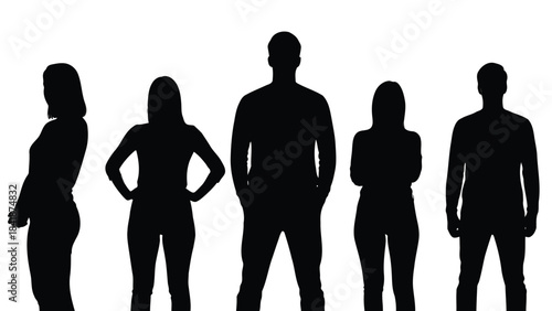 A diverse group of people represented by silhouettes standing in a line on a white background