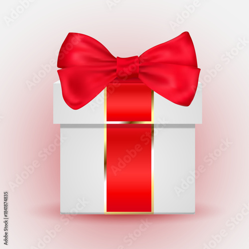 White Gift Box with Red Ribbon and Bow – Elegant Present Packaging on Soft Gradient Background for Holiday or Celebration Design