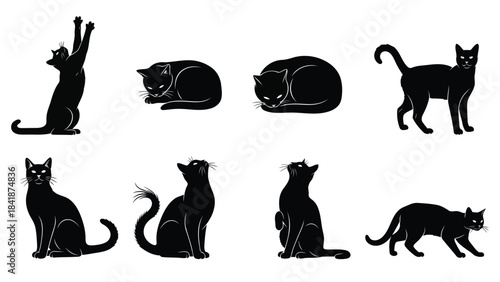 A detailed set of eight black cat silhouettes illustrating diverse poses and movements