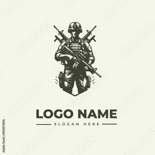 Vector illustration of a soldier in combat gear holding a rifle with crossed guns behind, set against a clean background for a logo design with placeholder text.