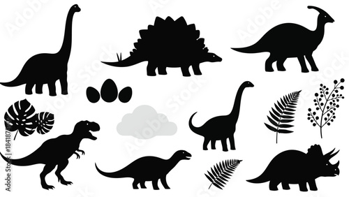 A set of popular dinosaur species silhouettes including prehistoric plants and eggs