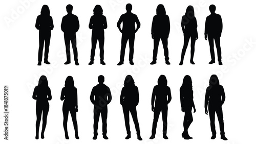 A collection of black silhouettes featuring standing men and women on a white background