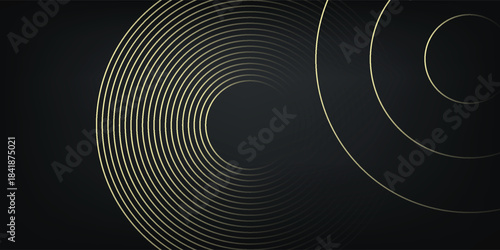 black abstract background gold glowing circles. Swirl circular lines pattern. Geometric spiral. Twirl element. Modern graphic design. Futuristic technology concept.