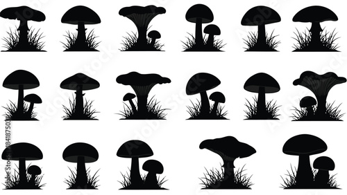 A collection of black mushroom silhouettes in various shapes and sizes with grass