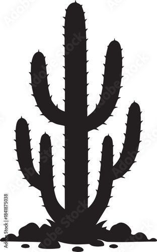 Desert Cactus Silhouette Cluster with Upright Arms and Ground Rocks on Transparent Background