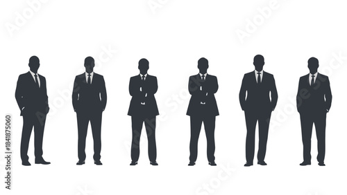 Silhouettes of six professional businessmen in suits on a white background
