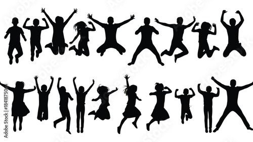 A collection of black silhouettes showing people jumping and celebrating freedom and energy