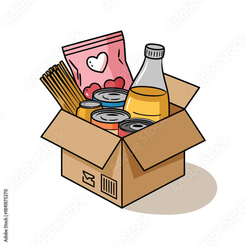 Food donation supply box illustration featuring canned goods snacks bottle items charity support packaging concept for community service assistance programs