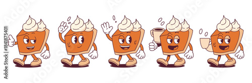 Pumpkin pie character walking set featuring cute animated dessert mascots, fun expressive poses, charming holiday illustrations, and playful Thanksgiving-themed cartoon designs