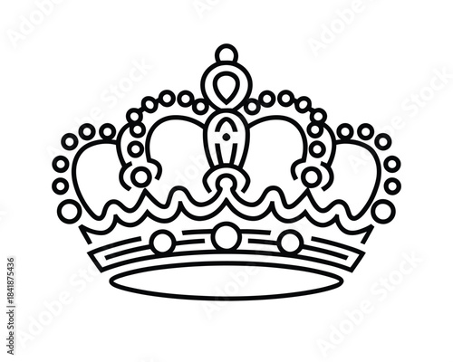 Royal ornate crown line art design featuring elegant decorative details, classic jewel elements, symmetrical curves, and vintage royal emblem styling suitable for luxury branding and illustration