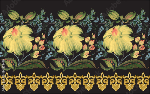 Vector seamless border pattern from yellow flowers and golden oriental frieze on a black background
