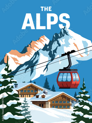 The Alps winter ski resort poster featuring snowy mountain chalets, gondola lift cabins, pine forests, and breathtaking alpine scenery in a vibrant travel-inspired illustration