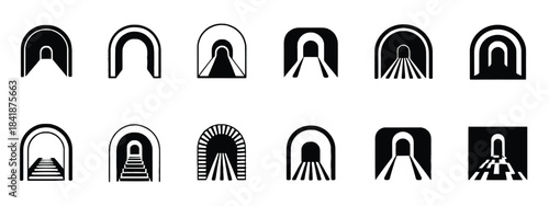 Tunnel icon set minimal silhouette artwork featuring abstract entrances perspective pathways graphic symbols for branding signage navigation and architectural concepts