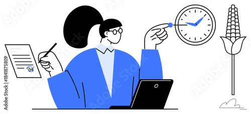Time management, productivity, office workflow, multitasking efficiency, work-life balance, deadline management. Woman with laptop, pen clock document and flower. Time management and productivity