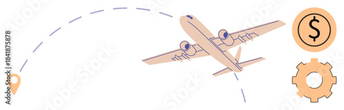 Airplane flying along a dotted route, navigation pin, dollar sign, and gear. Ideal for travel planning, aviation, logistics, global mobility business optimization financial planning. Clean flat