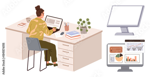 Worker seated at desk with computer, coffee, books, plant, graphs on monitor. Ideal for productivity, remote work, data analysis, business organization office life simple flat metaphor