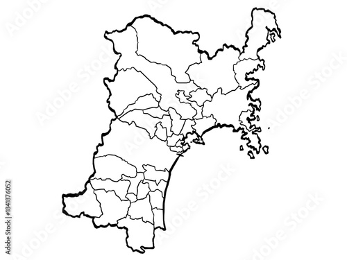 宮城県地図 筆タッチ 市町村区分 和風 東北 東日本 / A brushstroke map of Miyagi prefecture 2