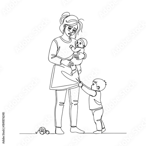 Tired mother holds baby, with playful toddler pulling her leg, illustrating universal challenges of modern parenthood. Exhausted mom struggles with demands of young children daily.