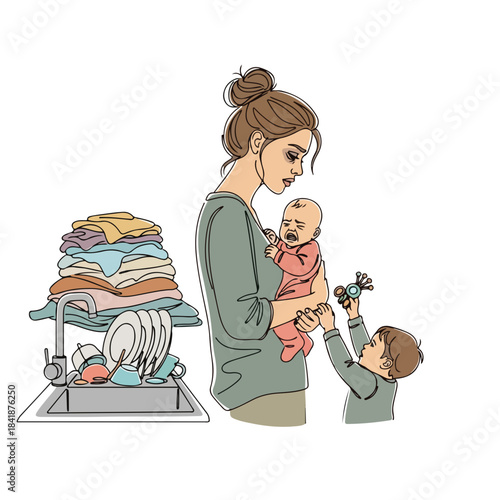 A tired mother struggles with a crying baby and demanding toddler, surrounded by piled laundry and dirty dishes. Tired mother experiences overwhelming daily responsibilities,