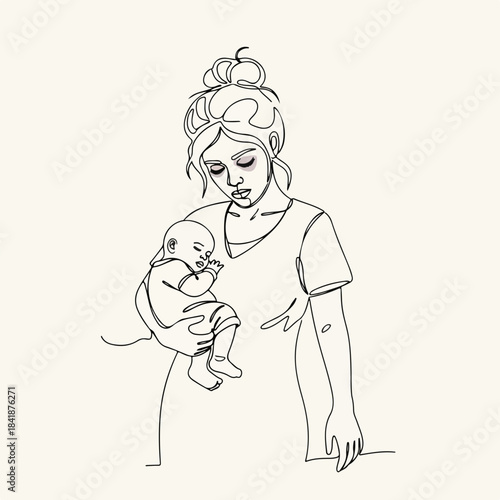 Line art drawing depicts tired mother holding newborn baby. Minimalist illustration shows exhaustion, profound maternal bond new mother feels. Artwork tired mother, ideal for mental health awareness,