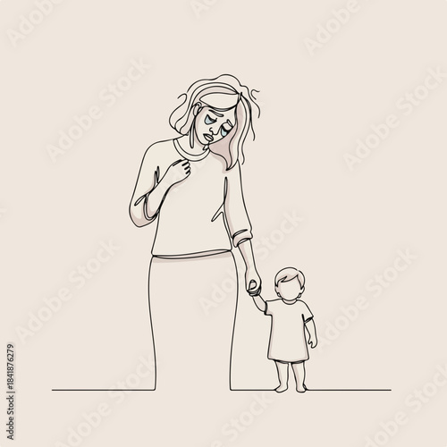 Minimalist continuous line art shows tired mother holding child hand, illustrating parental exhaustion and daily challenges. Overwhelmed parent with child portrays universal struggles,