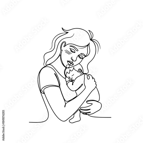 Continuous line drawing of tired mother embracing newborn infant with tenderness. Motherhood bond showcases love, care, and connection between parent and child.