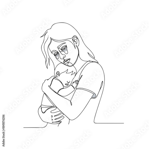 Tired mother embracing newborn in minimalist line art illustration. Exhausted mother holds infant close with deep feelings of connection and exhaustion.
