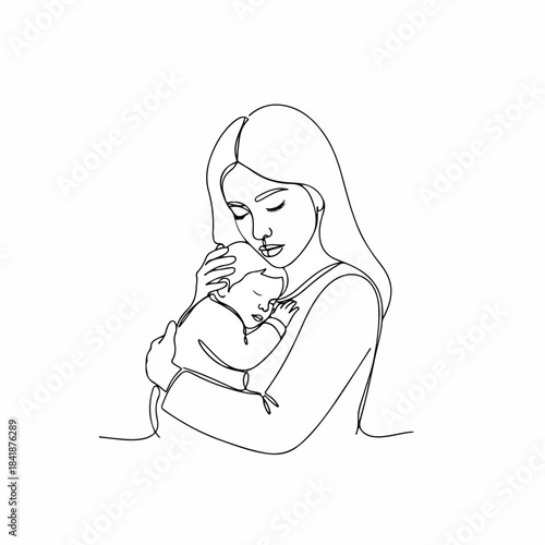 Tender moment of tired mother bonding with newborn in minimalist style. Mother holds baby close, showcasing love and care in emotional embrace.