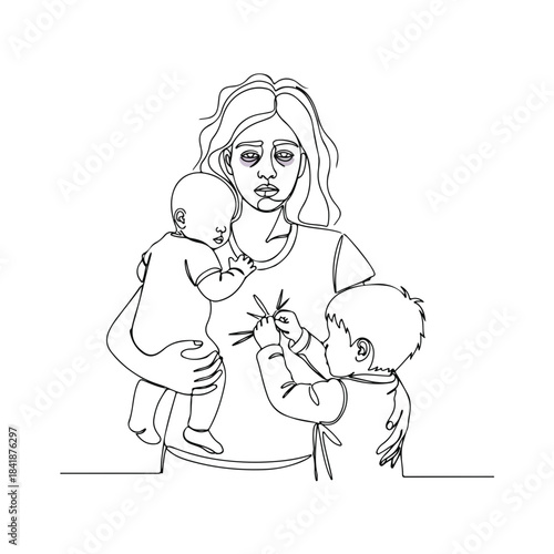 Illustration shows a tired mother holding an infant while a toddler pulls her shirt. This minimalist line art depicts daily struggles of a tired mother.