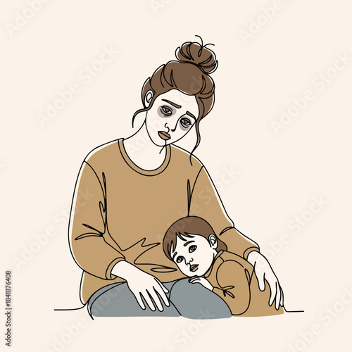Tired mother with child embracing lap, depicting parental exhaustion, emotional strain from caregiving. Young child rests head on parent, illustrating demanding motherhood,