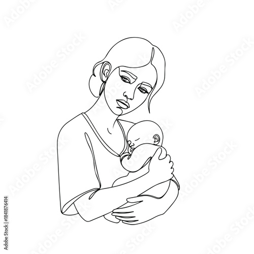 Line art illustration depicting serene mother and child bonding moment, tenderly embracing newborn infant. Minimalist continuous line drawing portrays deep mother and child connection,