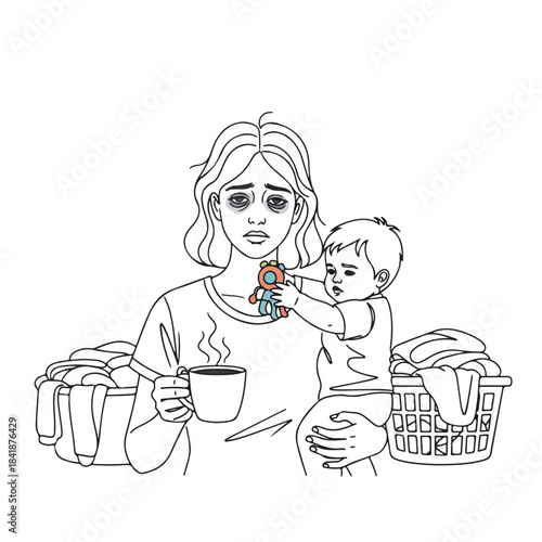 Tired mother holds child, coffee cup, dark circles under eyes, laundry piles nearby. Overwhelmed parent manages baby, household tasks, depicting a tired mother. Concept tired mother for mental health,