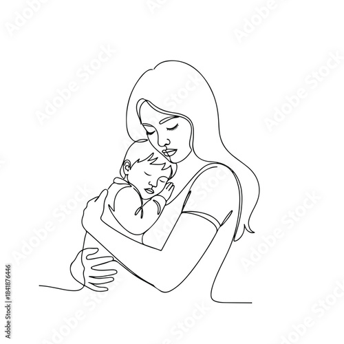 Minimalist line art of mother and baby, tenderly embracing. Drawing captures deep maternal bond, quiet care with newborn, reflecting dedication. Mother and baby graphic for parenting,