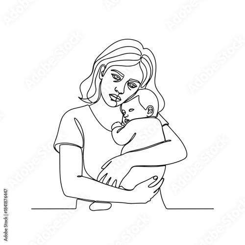 Minimalist continuous line drawing depicts tired mother cradling her baby gently, showcasing the profound bond and exhaustion. Weary but tender tired mother offers comfort,