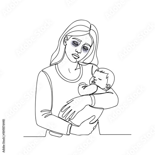 Continuous line art drawing depicts a tired mother gently cradling her peaceful newborn baby, eyes reflecting profound and deep exhaustion.