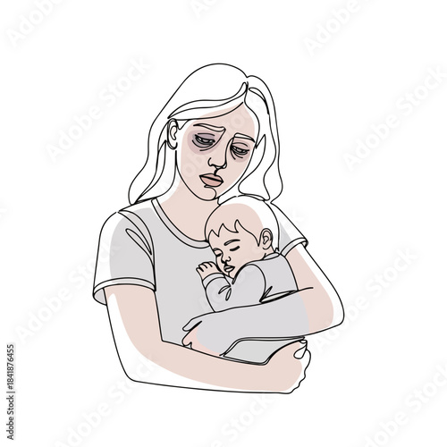 Tired mother cradles sleeping baby, illustrating postpartum exhaustion. Weary tired mother with under eye circles, representing early motherhood challenges. Concept of tired mother for mental help.