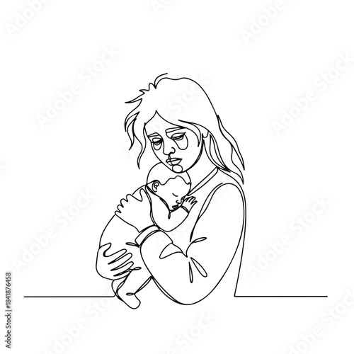 Simple line art illustration of a tired mother holding baby. Exhaustion visible, signifying postpartum challenges. Artwork ideal for mental health awareness,
