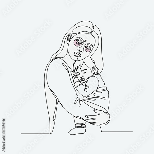 Minimalist line art illustration of a tired mother gently holding sleeping baby, conveying maternal exhaustion and love. Continuous line art shows tired mother with dark circles under eyes,