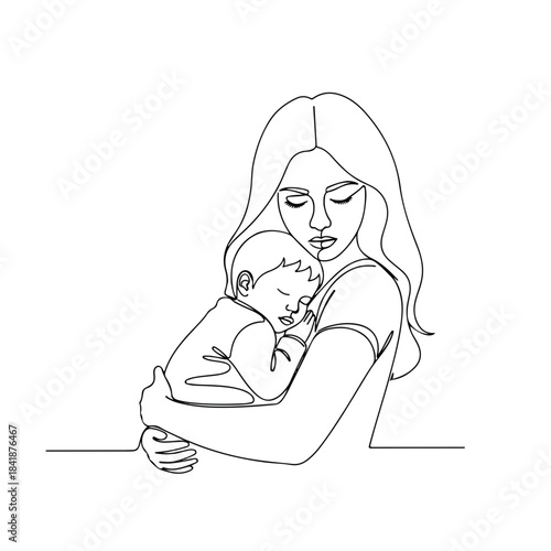 - Line art showing motherhood bond, a tender embrace. Tired mother gently cradling sleeping newborn, symbolizing deep connection and comfort.