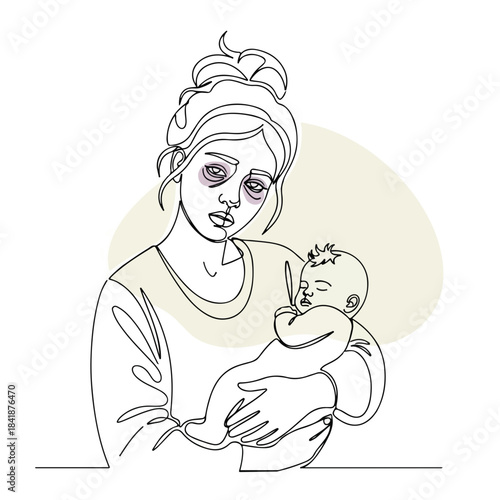 Line art illustration portrays a tired mother cradling her sleeping infant, showing dark circles under her eyes, reflecting exhaustion from newborn care.
