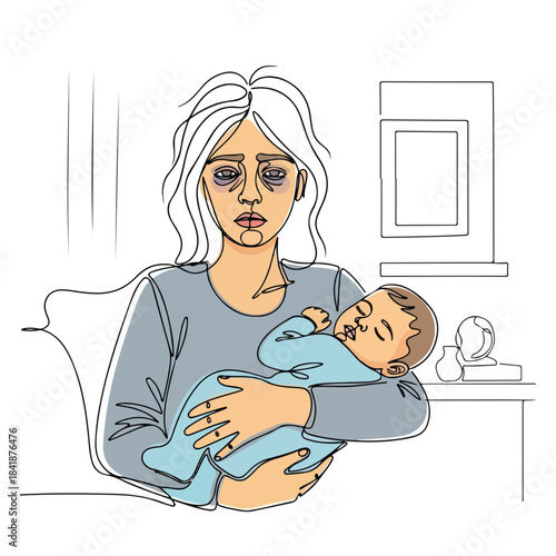 Continuous line drawing illustrates tired mother cradling sleeping infant, representing overwhelming exhaustion and lack of sleep. This tired mother symbolizes postpartum fatigue,