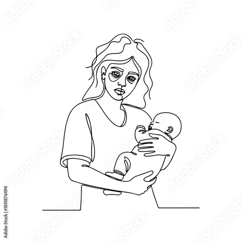 Line art depicts tired mother gently holding newborn. Exhausted expression, dark circles under eyes, shows sleep deprivation, common reality for tired mother.
