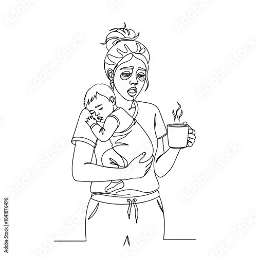 Tired mother holds sleeping baby, steaming cup, single line art illustration. Exhausted new mother, messy bun, dark circles, portrays postpartum sleep deprivation.