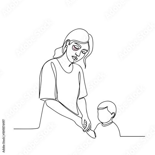 Continuous line art of tired mother with eye bags, gently holding child’s hand, depicting parental exhaustion. Line drawing of tired mother, highlighting challenges of modern parenthood.