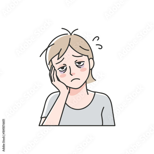 Illustration of a tired mother, a woman with dark circles, head in hand. Image conveys overwhelming fatigue, stress, common parental exhaustion. Visual for content on burnout, lack of sleep,