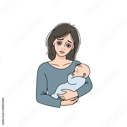 Tired mother cradling sleeping baby, illustrating exhaustion and demanding reality of early parenthood. This tired mother image highlights sleep deprivation and emotional toll,