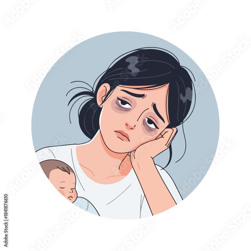 Depiction of a tired mother holding her baby, showing exhaustion and dark circles under her eyes. This tired mother struggles with sleepless nights and overwhelming new parent responsibilities.